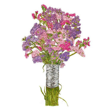 Illustrated bouquet of statice with clustered purple, pink, and magenta papery blooms on stems bundled with a ribbon-wrapped stalk, shown against a plain white background.