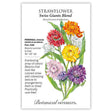 Botanical Interests seed packet for Swiss Giants Blend Strawflower, illustrated with papery straw-textured blooms in red, orange, white, yellow, pink, and purple, with printed text noting it's a full-sun perennial grown as an annual, 36–40 inches tall, blooming summer to frost.