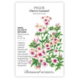 Front of a Botanical Interests "Phlox Cherry Caramel" seed packet displaying a botanical illustration of soft cream and blush phlox blossoms with dark cherry centers and green foliage on a white background.