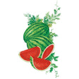 Illustration of two whole striped green watermelons with trailing vine leaves, alongside three cut wedges revealing red, seeded flesh with a white-green rind.