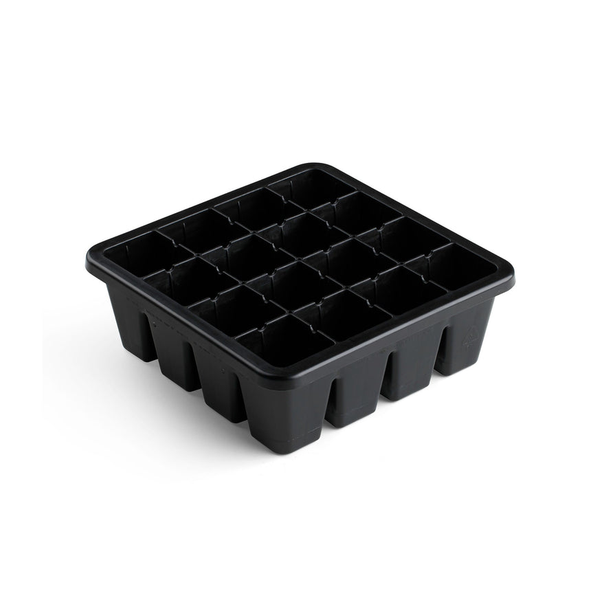 Empty black plastic seed starting tray divided into 16 square cells, shown on a plain white background.