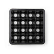 Black plastic seed starting tray with a 4x4 grid of 16 square cells, each with a round drainage hole visible at the base, shown from directly above on a white background.