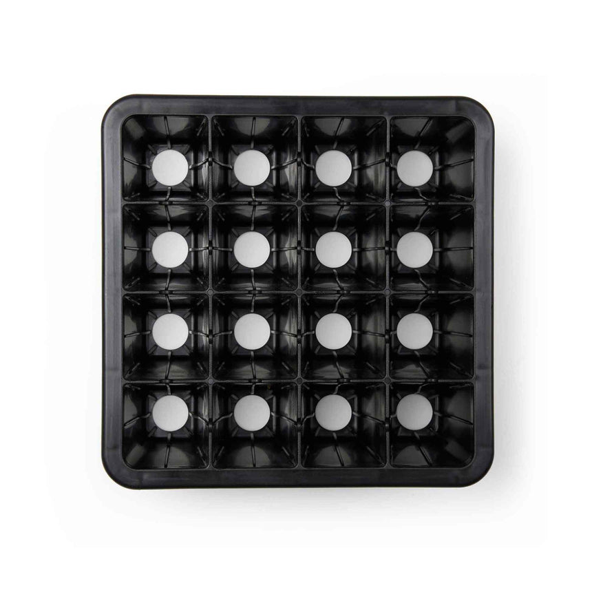 Black plastic seed starting tray with a 4x4 grid of 16 square cells, each with a round drainage hole visible at the base, shown from directly above on a white background.