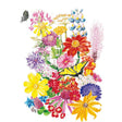 Botanical illustration of a colorful mix of wild and garden flowers with a yellow swallowtail butterfly and a dark butterfly resting on blooms against a white background.