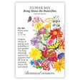 Front of a Botanical Interests seed packet for Bring Home the Butterflies Flower Mix Seeds featuring growing specifications, full sun requirement, and a botanical illustration of assorted colorful flowers with butterflies.