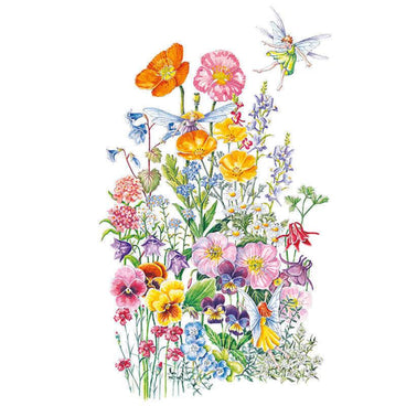 Botanical illustration of colorful flowers—including poppies, pansies, alyssum, and columbine—with small winged fairies flying above.