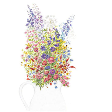 Colorful bouquet featuring blue, purple, pink, and yellow flowers arranged in a white ceramic vase for Grandmother's Cut Flower Garden Flower Mix Seeds on a plain white