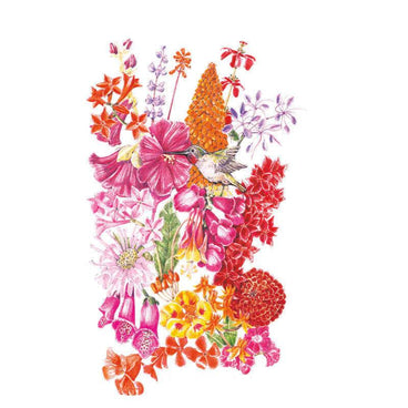 Botanical illustration of a colorful mix of nectar-rich flowers—including pink phlox, yellow nasturtiums, and red foxglove—with a hummingbird hovering in the center, for Hummingbird Haven Flower Mix Seeds.