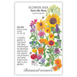 Front of a Botanical Interests seed packet for Save the Bees Flower Mix Seeds featuring plant growing details and a colorful botanical illustration of sunflowers, black-eyed susans, zinnias, poppies, and borage.