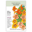 Front of an organic Botanical Interests seed packet for Fiesta Blend Nasturtium Seeds displaying a USDA Organic seal and a vibrant botanical illustration of fiery orange, yellow, and peach nasturtium flowers.