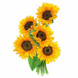 Botanical illustration of Zohar sunflowers showing a bundled cluster of five golden blooms with dark brown centres and layered petals, attached to thick green stems with a large serrated leaf, set against a plain white background.