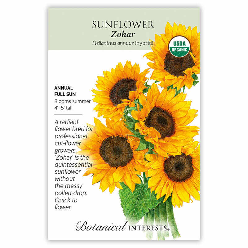 Seed packet for Zohar Sunflower featuring an illustration of golden yellow blooms with dark brown centres on a bouquet of stems, alongside USDA Organic certification and text noting it's an annual for full sun, blooming summer at 4-5 feet tall, bred for cut-flower growers with low pollen-drop.