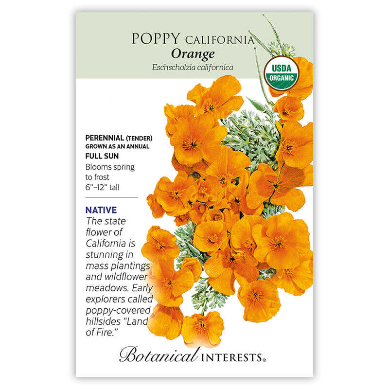 Front of an organic Botanical Interests seed packet for Orange California Poppy Seeds featuring a USDA Organic seal and botanical information and illustration of golden-orange California poppies.