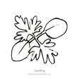Black and white line drawing of a young larkspur seedling with rounded seed leaves and a lobed true leaf, labeled "Seedling" beneath the illustration.