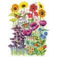 Illustrated mix of pollinator garden flowers including sunflowers, red gerbera daisies, pink cosmos, purple poppies, cornflowers, zinnias, and purple basil foliage, with two orange butterflies and a bee visiting the blooms.
