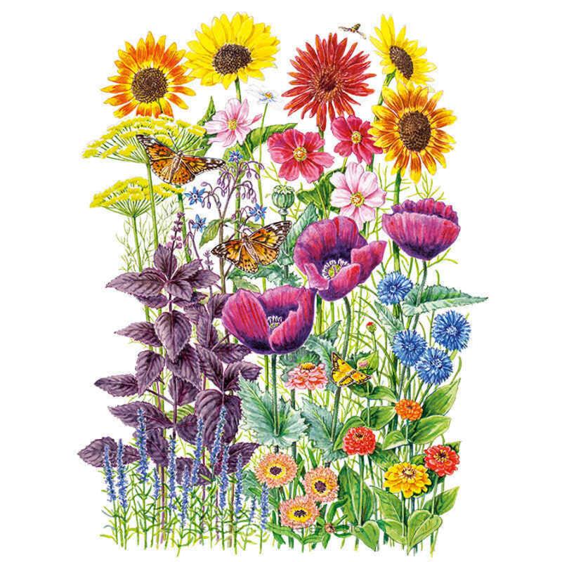 Illustrated mix of pollinator garden flowers including sunflowers, red gerbera daisies, pink cosmos, purple poppies, cornflowers, zinnias, and purple basil foliage, with two orange butterflies and a bee visiting the blooms.