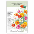 Front of an organic Botanical Interests seed packet for Mission Bells California Poppy Seeds displaying a USDA Organic seal, heirloom description, and a botanical illustration of colorful double and semi-double poppies.