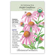Seed packet for organic Purple Coneflower (Echinacea purpurea) featuring an illustration of pink daisy-like blooms with orange centers and a bee, alongside text noting it's a native, drought-tolerant perennial for full sun to part shade, blooming summer to frost at 3'–4' tall.