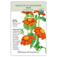 Seed packet for Torch Mexican Sunflower featuring an illustration of vivid orange, daisy-like blooms with yellow centers on leafy green stems, with text noting it's a USDA Organic heirloom annual for full sun, blooming summer to fall frost, 4-6 feet tall, and attracts monarch butterflies.