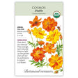 Seed packet for Diablo Cosmos featuring an illustration of fiery orange and yellow semi-double blooms with a bee, labeled USDA Organic and Heirloom, with text noting it's an annual for full sun, blooming summer to frost, growing 4 to 5 feet tall.