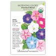 Seed packet for Botanical Interests Morning Glory Pinwheel Blend, illustrated with trumpet-shaped blooms in white, pink, magenta, blue, and purple among green leaves, with USDA Organic seal and text noting it's an heirloom annual for full sun, blooming summer to frost on 9-10 foot vines.