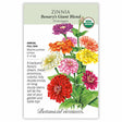Front of an organic Botanical Interests seed packet for Benary's Giant Blend Zinnia Seeds featuring a USDA Organic seal and botanical illustrations of vibrant zinnia flowers blooming in red, pink, orange, yellow, and white.
