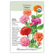 Zinnia Lilliput seed packet with botanical information and illustration of colorful zinnia illustrations and Botanical Interests branding and USDA Organic label