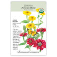 Seed packet for Peruvian Blend Zinnia with a USDA Organic seal, illustrating single red and golden-yellow blooms with a yellow butterfly, alongside text noting it's a heat- and drought-tolerant Southwest annual, full sun, 24"–36" tall, blooming summer to frost.