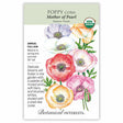 Seed packet for Mother of Pearl Corn Poppy featuring an illustration of ruffled blooms in muted pink, lilac, peach, coral, and blushed white with dark centers, alongside USDA Organic seal and text noting it's a full-sun annual reaching 36 inches tall that blooms in spring and summer.