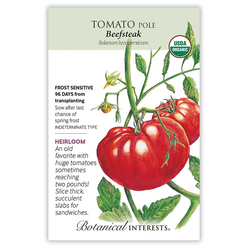 Seed packet for Beefsteak Pole Tomato featuring a detailed illustration of large, ribbed red tomatoes on a leafy vine, with a USDA Organic seal and printed text noting it's frost sensitive, indeterminate, heirloom, 96 days from transplanting, and prized for huge slicing fruit up to two pounds.