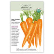 Front of an organic Botanical Interests seed packet for Danvers 126 Carrot Seeds displaying a USDA Organic seal, plant characteristics, and a botanical illustration of bright orange carrots with leafy green tops.