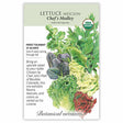 Seed packet for Chef's Medley Mesclun Lettuce, USDA Organic, featuring a botanical illustration of assorted frilly green and deep purple-red lettuce leaves, with text noting frost tolerance, 21-45 day maturity, and sowing from early spring through fall.