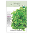 Botanical Interests seed packet for Black Seeded Simpson leaf lettuce, illustrated with a ruffled, frilly-edged green head, and text noting it's USDA organic, frost tolerant, ready in 21-40 days, and an heirloom variety prized for heat tolerance and crisp flavor.