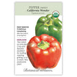 Seed packet for organic heirloom Sweet California Wonder pepper, illustrated with a glossy red bell pepper in front of a green one, plus text noting it's frost sensitive, ready 75 days after transplanting, and describing the plant as productive with fruit that ripens from green to red on the same plant.