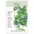 Seed packet for Bush Contender organic heirloom beans, illustrated with a detailed botanical drawing of green leaves, pale purple flowers, and slender bean pods, with text noting it's frost sensitive, ready in 50 days, and USDA organic certified.