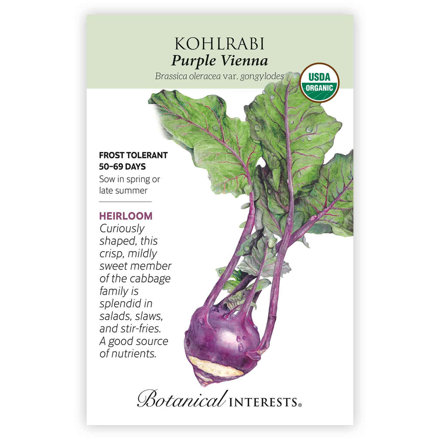 Seed packet for Purple Vienna Kohlrabi, USDA Organic, illustrated with a purple bulbous kohlrabi and large green leafy stalks with pink veining, plus text noting it's frost tolerant, matures in 50-69 days, and is an heirloom variety good for salads and stir-fries.