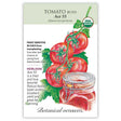 Seed packet for organic heirloom Ace 55 bush tomato, illustrated with a cluster of round red tomatoes on the vine beside a jar of canned tomato sauce, with text noting it's frost sensitive, matures in 80 days, and is a determinate variety prized for robust flavor and canning.
