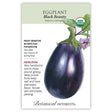 Eggplant seed packet labeled 'Black Beauty' with an illustration of an eggplant and botanical information on a white background.