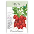 Seed packet for Cherry Belle radish, USDA Organic and heirloom, illustrated with a bunch of round cherry-red radishes and their leafy green tops, with printed text noting frost tolerance, 24-day maturity, and 1949 All-America Selections winner status.
