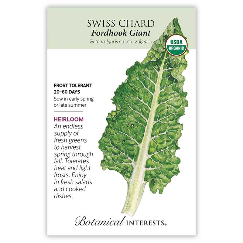 Seed packet for Botanical Interests' USDA Organic heirloom Fordhook Giant Swiss Chard, featuring a detailed illustration of a large, deeply veined green leaf with a thick white stalk, alongside text noting it's frost tolerant, matures in 20-60 days, and is best sown in early spring or late summer.