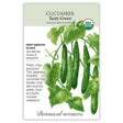 Seed packet for USDA Organic Tasty Green Cucumber, illustrated with long slender green cucumbers hanging among vines, leaves, and a yellow blossom, with text noting it's frost sensitive, matures in 60 days, and describes a tender, mild-skinned Japanese burpless variety.
