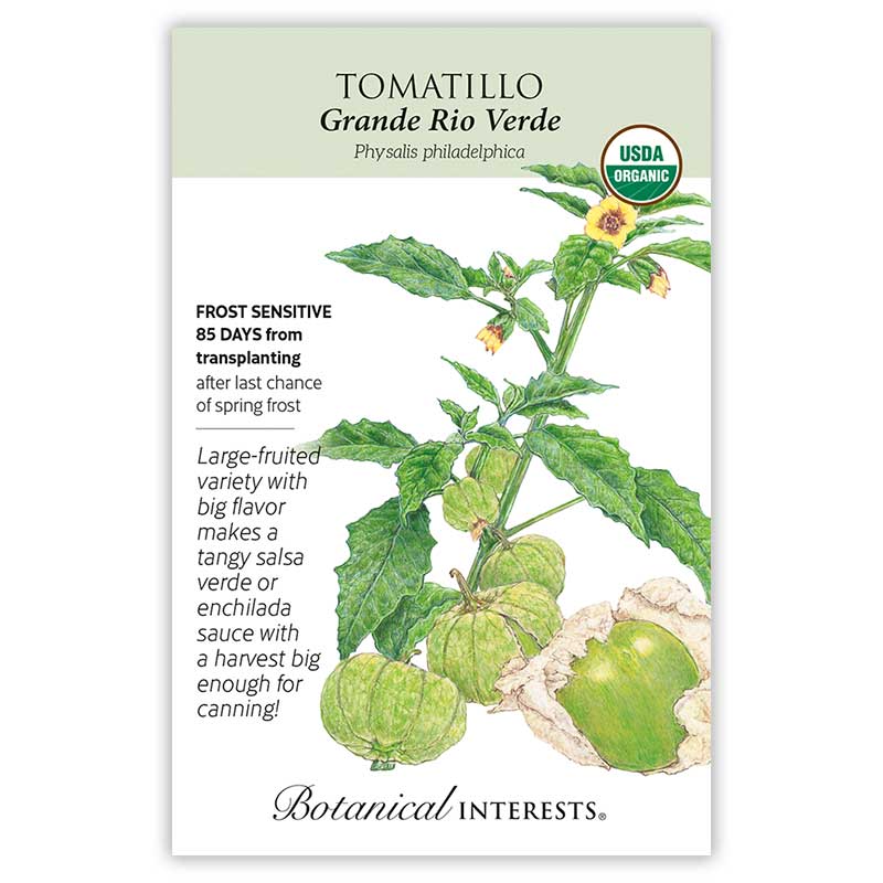 Tomatillo seed packet with botanical illustration and growing information.