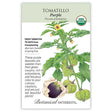 Tomatillo purple seed packet with botanical illustration and information