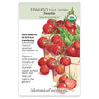 Seed packet for 'Sweetie' cherry tomatoes with botanical information and illustration of tomatoes.