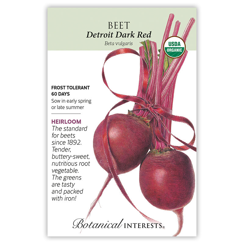 A seed packet with growing information for 'Beet Detroit Dark Red' by Botanical Interests, featuring a USDA Organic badge and an illustration of two red beets with green tops on a white and pale green background.