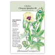 Front of an organic Botanical Interests seed packet for Clemson Spineless 80 Okra Seeds displaying a USDA Organic seal, heirloom description, and a botanical illustration of green okra pods and a pale yellow flower with a purple center.