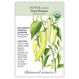Botanical Interests organic Sweet Banana pepper seed packet illustrated with pale yellow, elongated peppers, green leaves and a small white flower, with text noting it's an heirloom, frost sensitive, 70 days from transplanting, ideal for pickling or fresh use.
