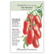 Seed packet for Tomato Pole Roma San Marzano, illustrated with a cluster of elongated red paste tomatoes on the vine, USDA Organic seal, and text noting it's frost sensitive, indeterminate, 70-90 days from transplanting, and a high-yielding heirloom variety.