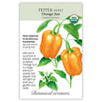 Seed packet for Orange Sun Sweet Pepper showing an illustration of glossy orange bell peppers on a leafy green stem with a small white blossom, plus USDA Organic seal and text noting frost sensitivity, 75-80 days from transplanting, and a description praising its large, premium quality fruit for kabobs, salads, and fajitas.