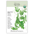 Botanical Interests seed packet for Sugar Snap Pea, USDA Organic certified, illustrated with green pods, leaves, tendrils and a white flower on the vine, with text noting frost tolerance, 70-day maturity, and 6'–8' vines that yield crisp, sweet pods.